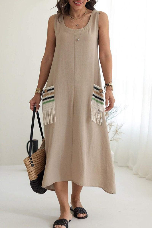 Women's Round Neck Sleeveless Woven Double Pocket Design Dress dress Midi Dress