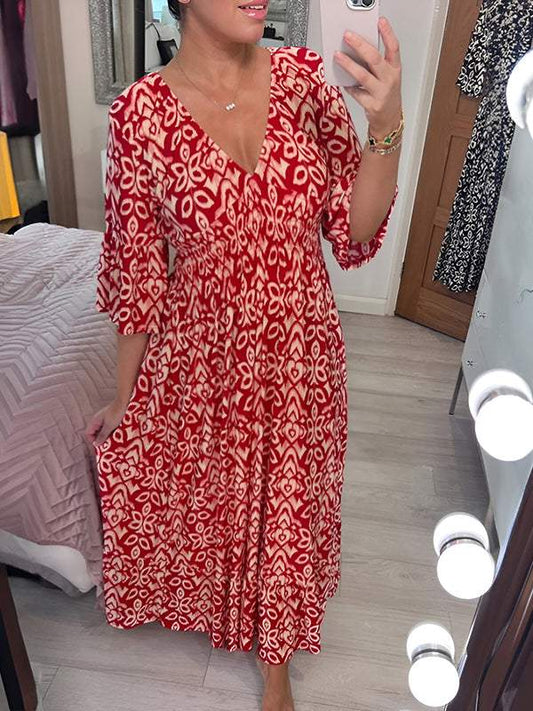 Casual V-neck Printed Dress cotton dress