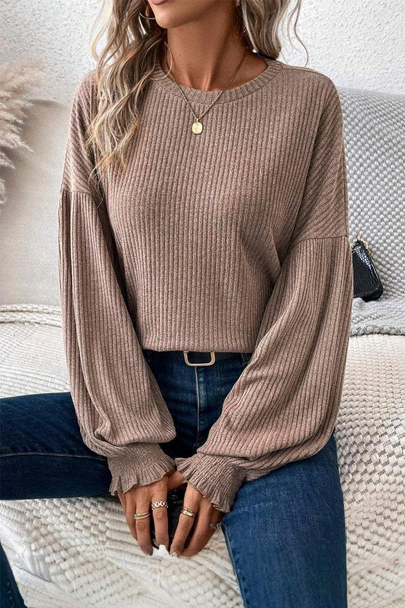 Women's Casual Solid Color Pit Strip Lantern Sleeve Top sweatshirts Top