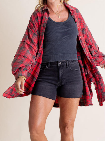 Women's Lapel Long Sleeve Plaid Shirt tops