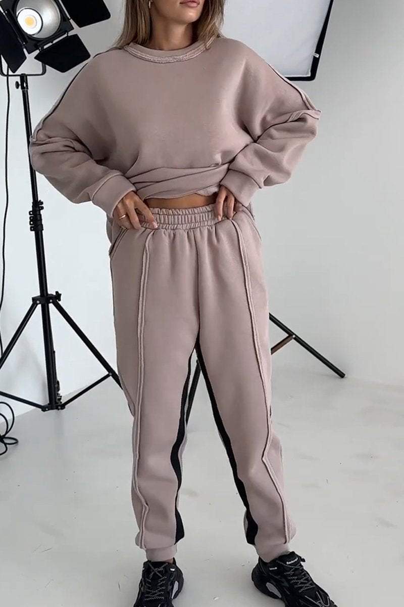 Women's Round Neck Contrast Color Stitching Long Sleeve Sweatshirt Casual Suit Sets Two piece sets