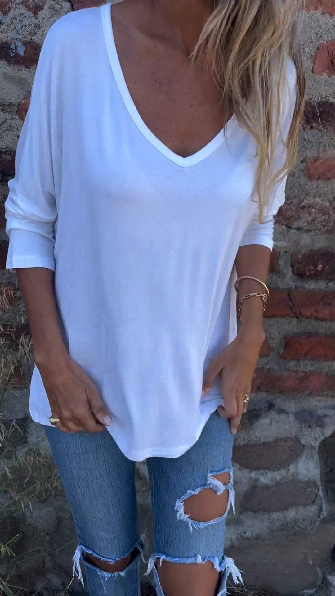 V-neck Long-sleeved Top cotton Top