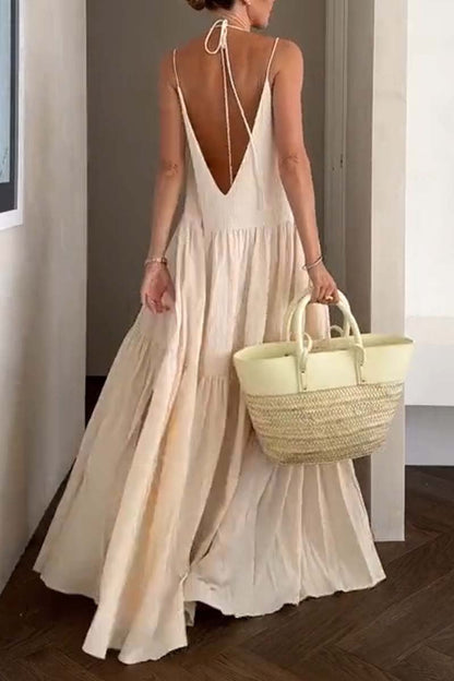 Women's casual solid color pleated beach strap maxi dress Dress