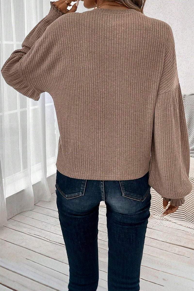 Women's Casual Solid Color Pit Strip Lantern Sleeve Top sweatshirts Top