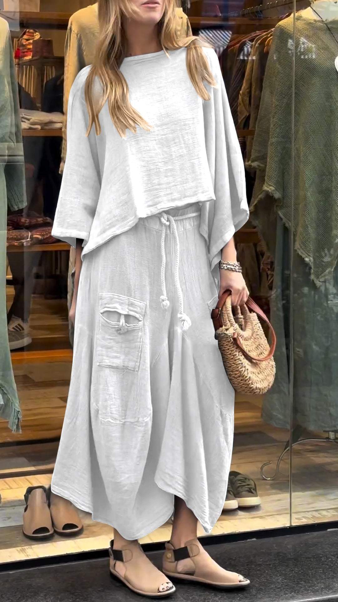 Women's Round Neck Mid-length Sleeve Casual Cotton and Linen Suit Suit