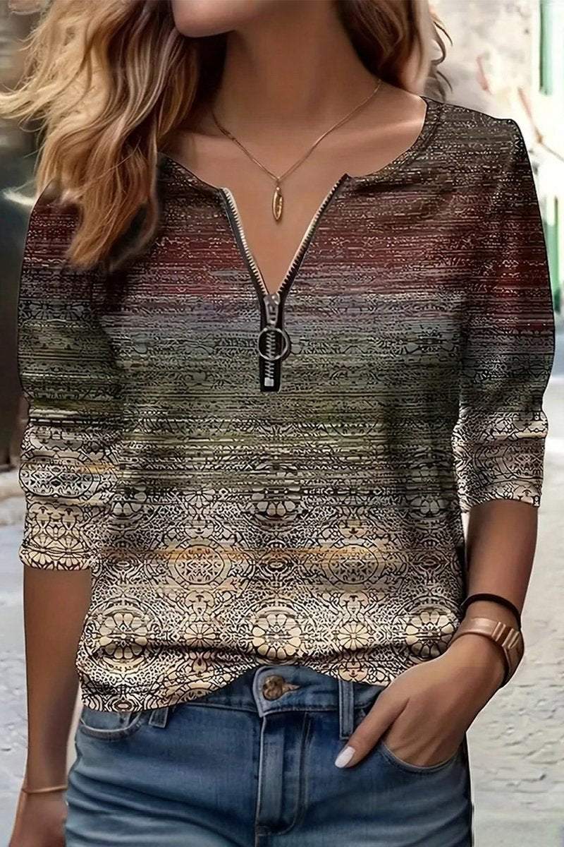 Women's Casual Zipper V-neck Abstract Retro Print Top Top