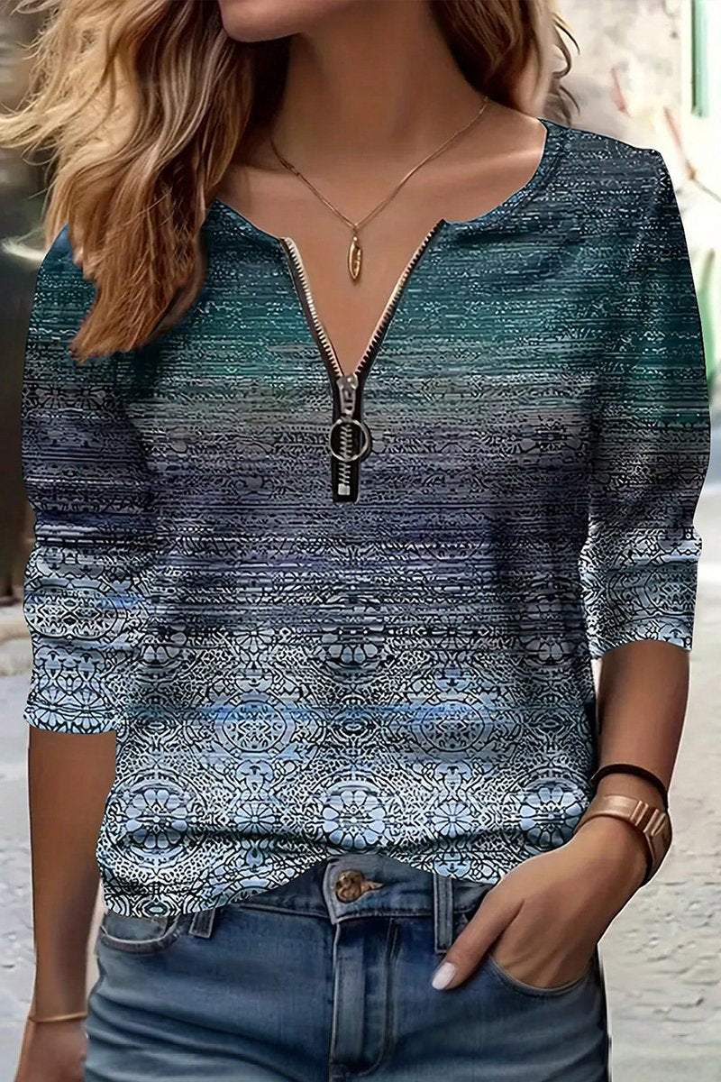 Women's Casual Zipper V-neck Abstract Retro Print Top Top