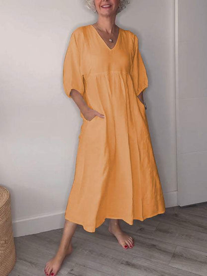 Women's V-neck Solid Color Mid-length Sleeve Dress Cotton and linen Dress