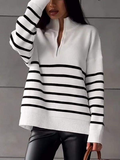 Women's Stand Collar Striped Knitted Top Cotton Top