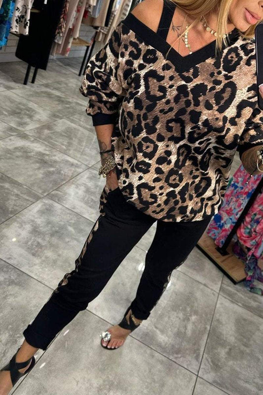 Women's V-neck Leopard Print Casual Suit Sets Two piece sets