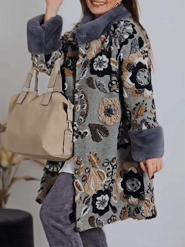 Women's Fur Collar Printed Patchwork Coat Coat Tops