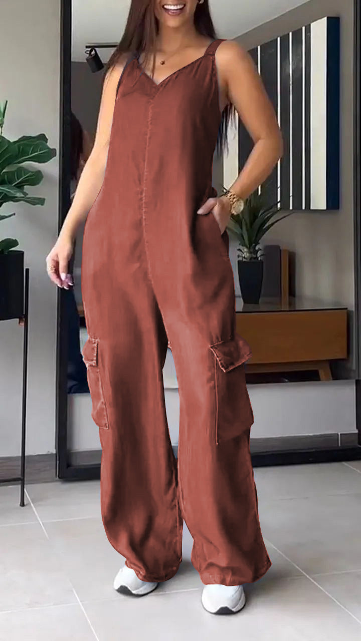 Thin Denim Cargo Pocket V-neck Jumpsuit Jumpsuit pants tops