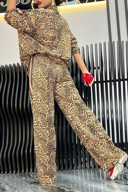 Women's Leopard Print Zip-up Jacket Leopard Print Pant Suit Sets Two piece sets