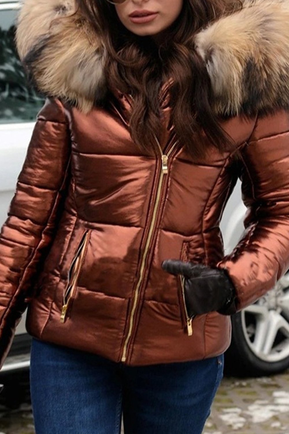 Ladies Casual Warm Large Fur Collar Hooded Jacket