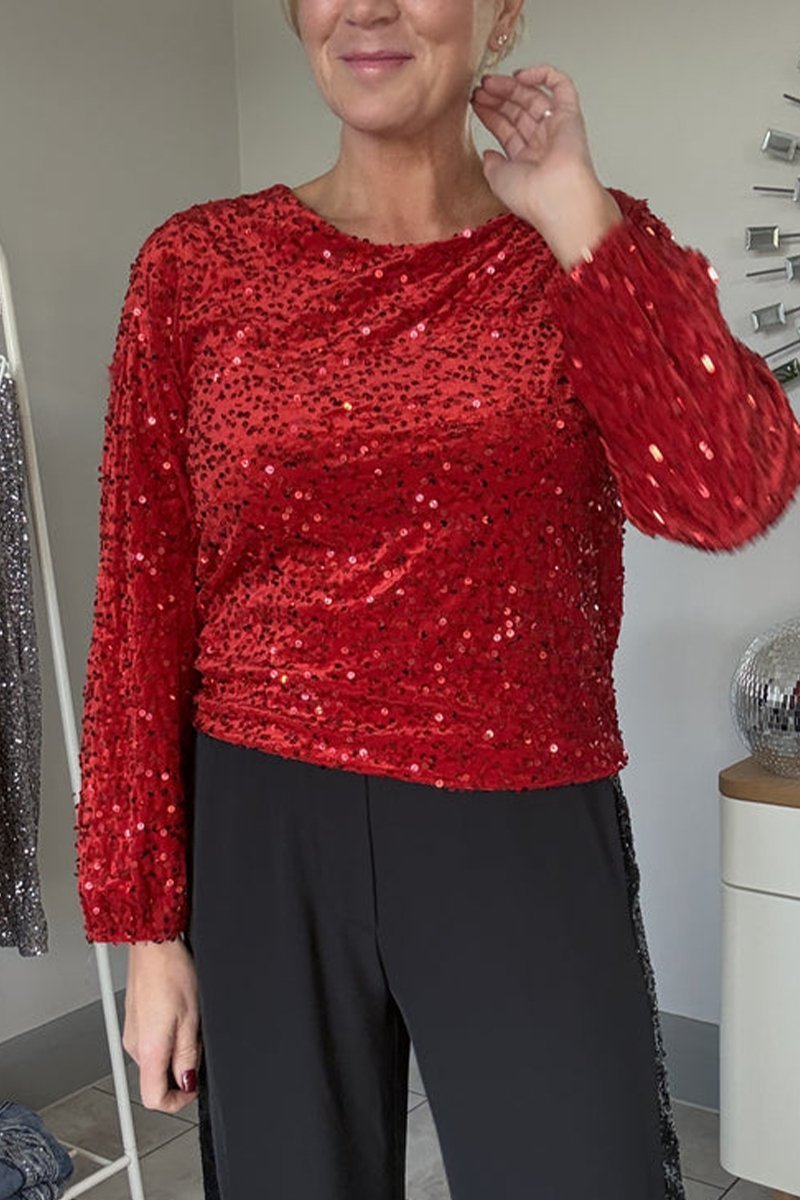 Women's Round Neck Long Sleeve Sequined Party Top Shirts & Blouse Top