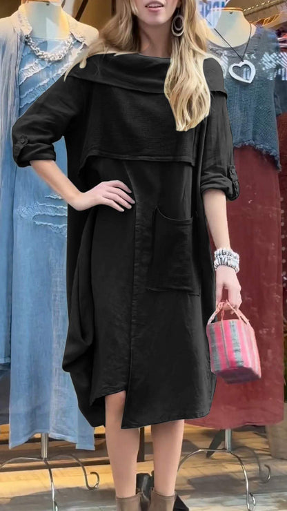 Women's Cotton and Linen Dress with Hem Collar and Mid-length Sleeves dress