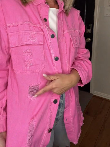 Women's Pink Base Breasted Ripped Shirt Jacket tops