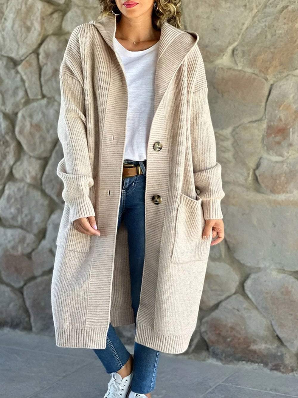 Women's Solid Color Knitted Sweater Hooded Long Coat Jacket