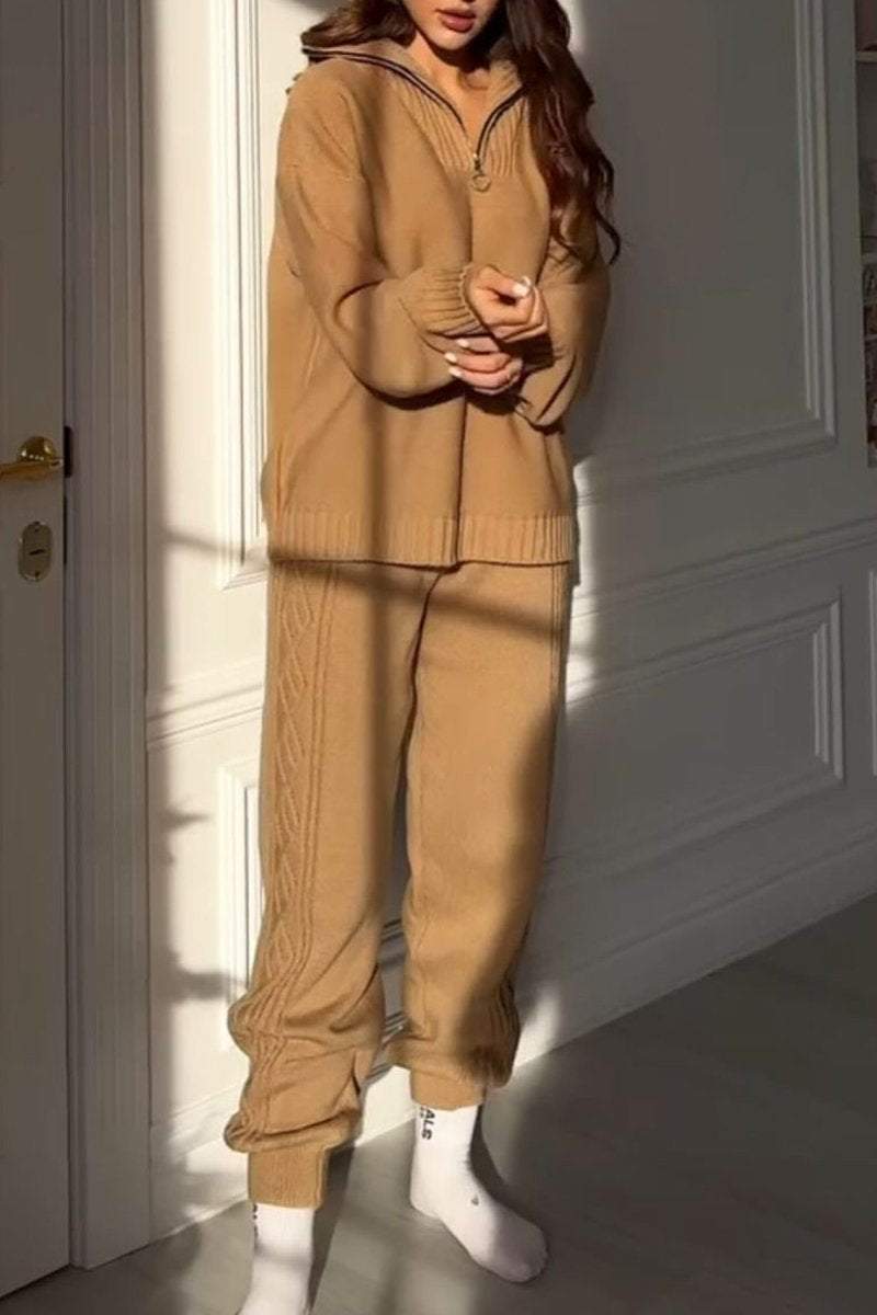 Women's Half-zip Lapel Knitted Casual Sweater Suit