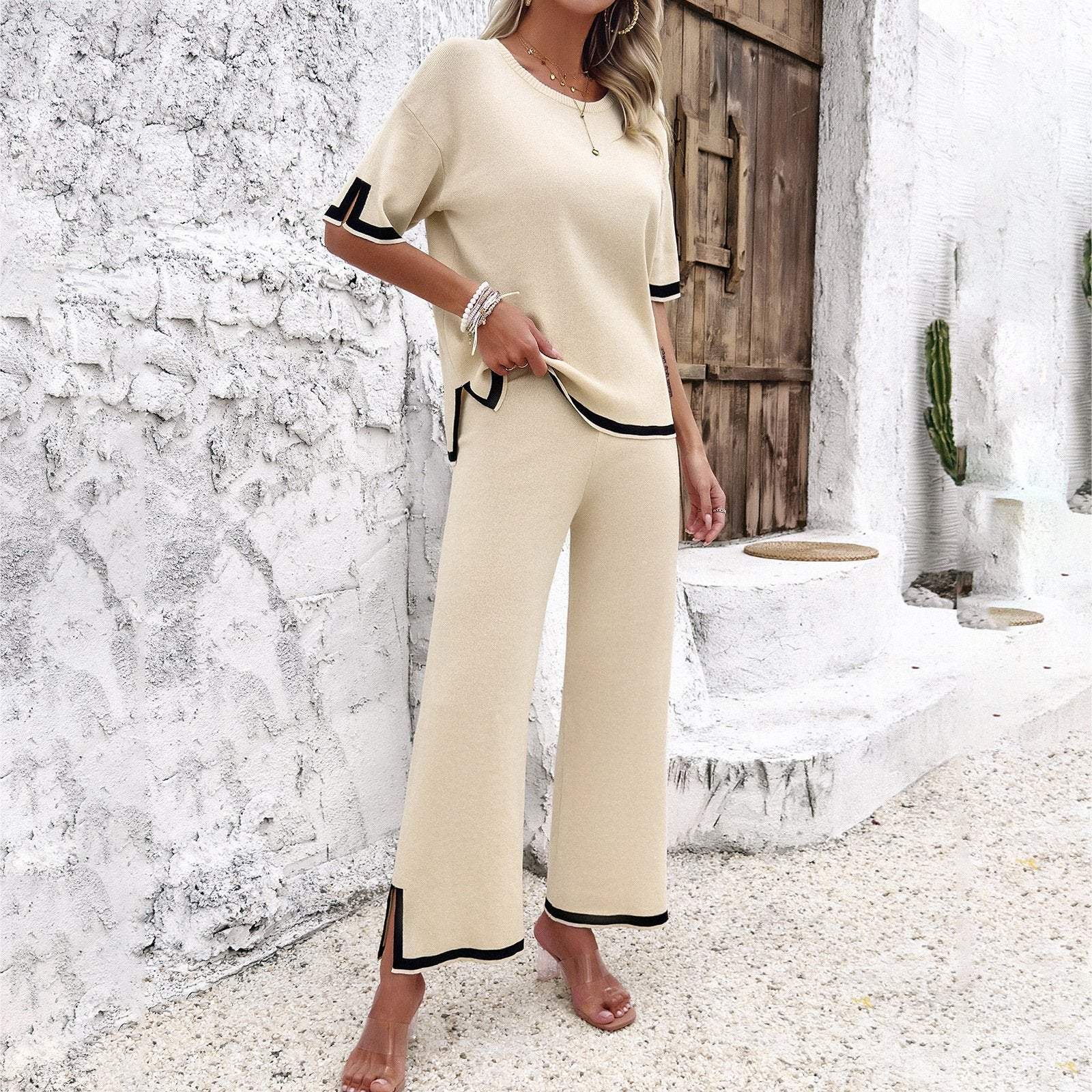 Ladies Casual Short-sleeved & Long-sleeved Knitted Pant Suit suit