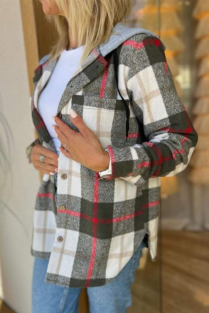 Casual Plaid Button-down Long-sleeve Hooded Shirt Shirt Tops