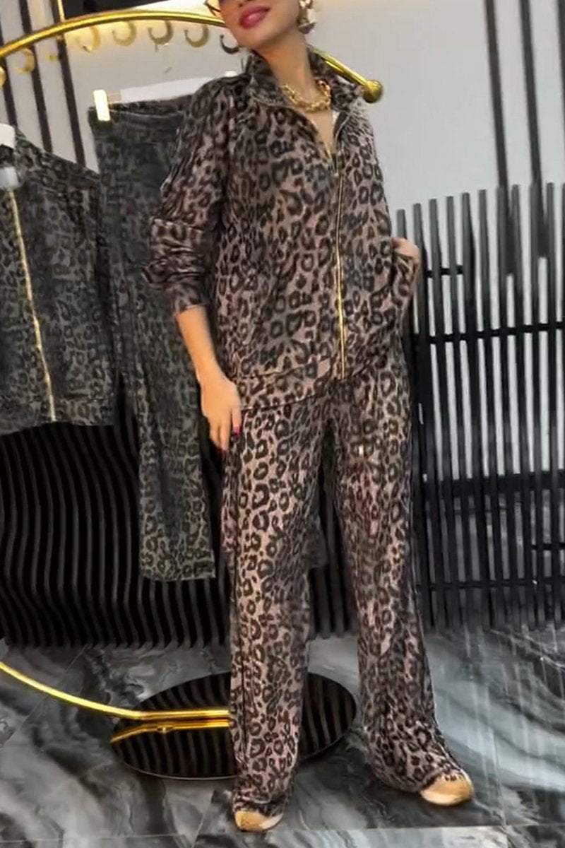 Women's Casual Lapel Zipper Leopard Printed Two-piece Suit Blended Leopard Printed Sets Two piece sets