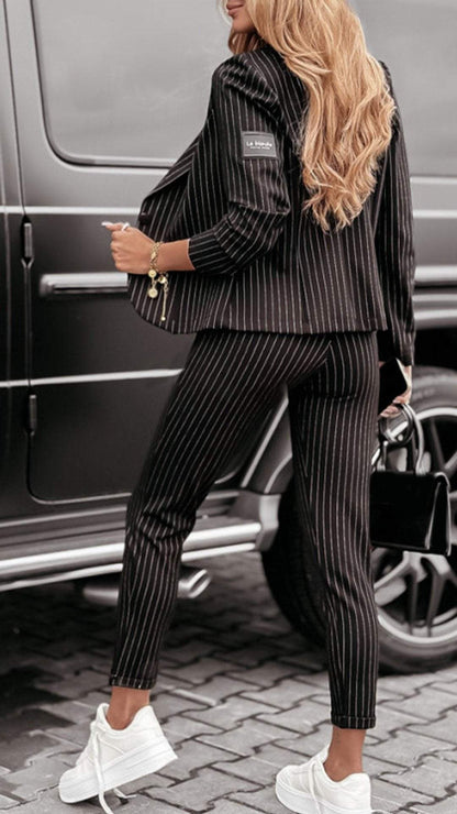 Women's Lapel Long Sleeve Striped Casual Suit Pant sets sets Two piece sets