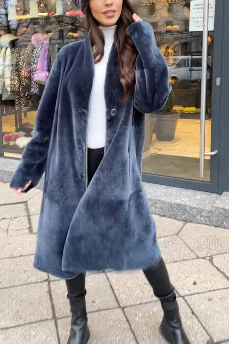 Women's Casual V-neck Long Wool Coat Coats Cotton Top