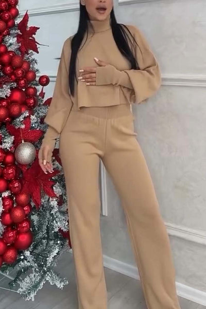 Women's Solid Color Turtleneck Cropped Top and Pants Sweater Set Set Sweater Set Two-Piece Set