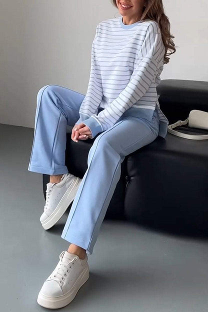 Women's Casual Round-neck Striped Two-piece Suit Cotton Sets Two piece sets