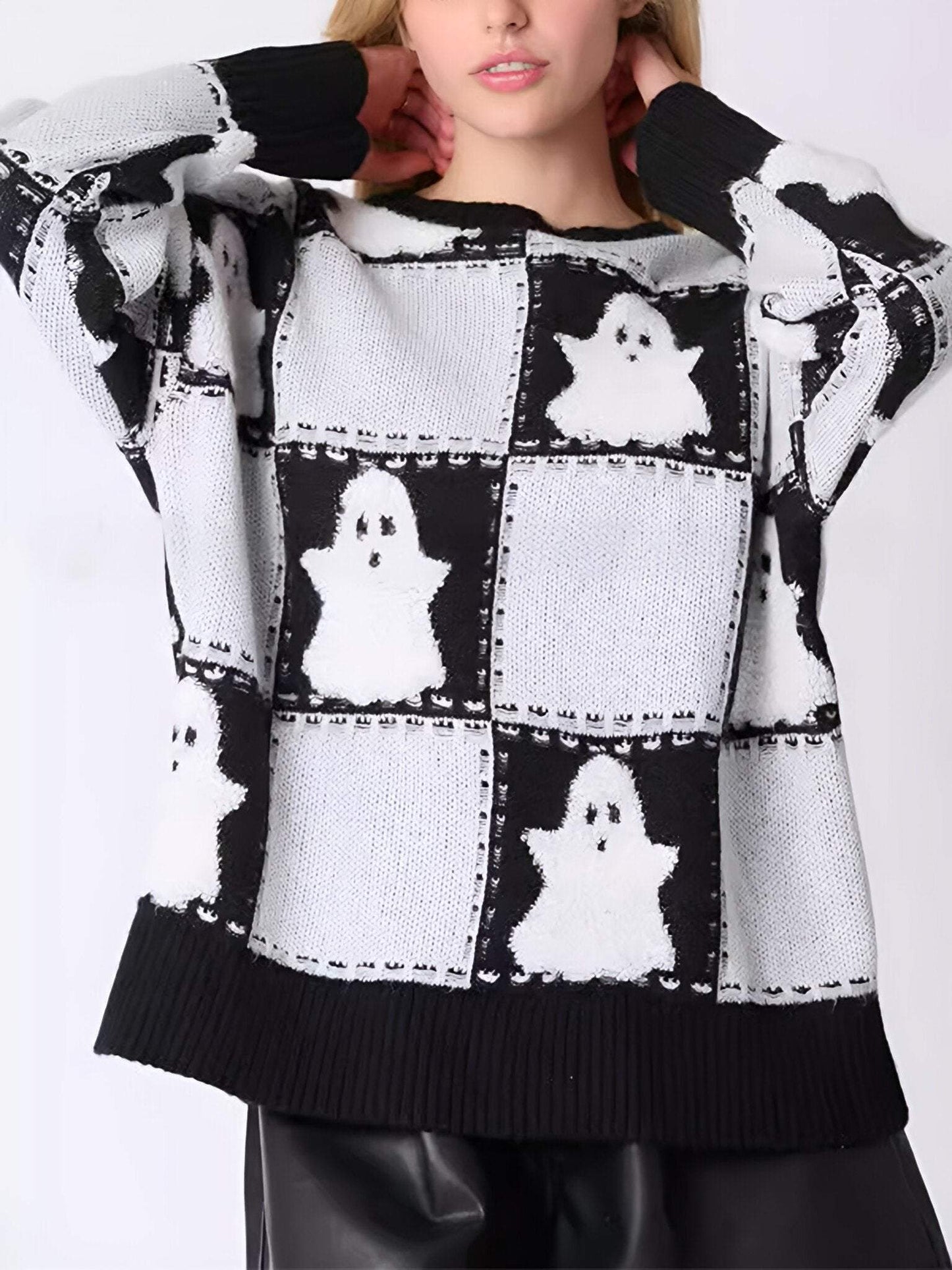 Women's Round-neck Halloween Ghost Plaid Pullover Knitted Sweater Cotton Top