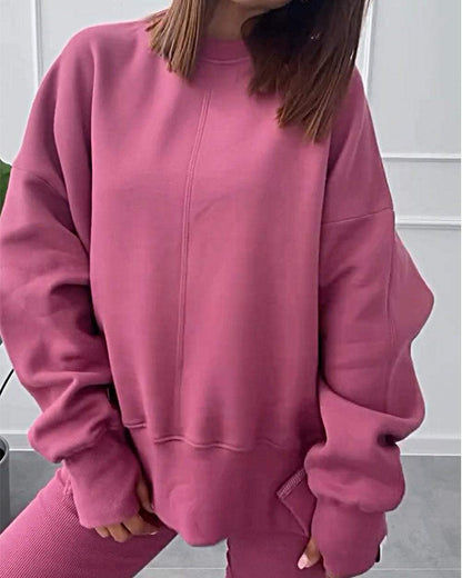 Women's Solid Color Casual Pullover Sweatshirt Two-piece Set Set