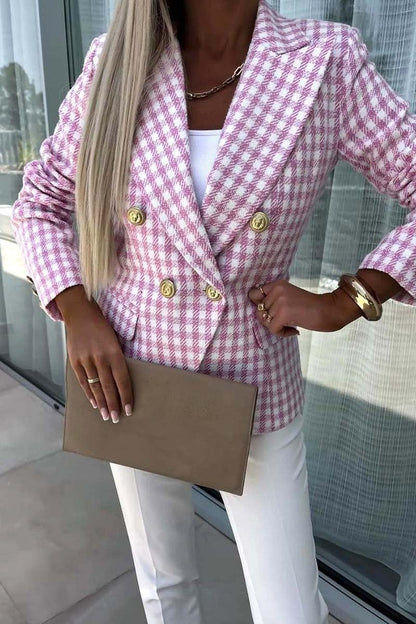 Women's Fashion Plaid Double Breasted Blazer Blazers Tops