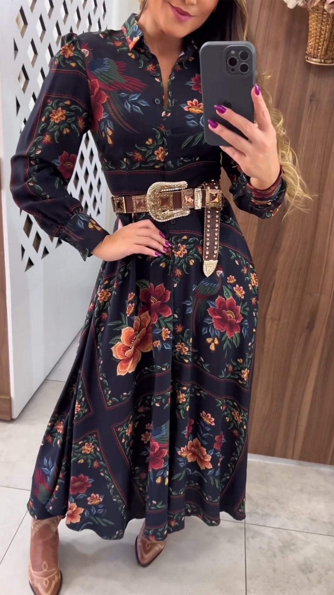 Women's Lapel Long Sleeve Retro Print Casual Dress dress