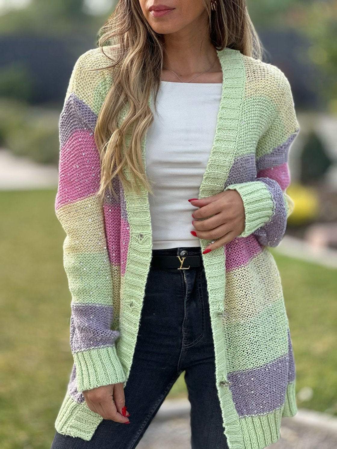 Women's Casual Contrast Color Striped Knitted Cardigan Cardigan