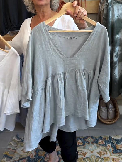 Women's V-neck Solid Color Mid-sleeve Top Cotton and linen Top