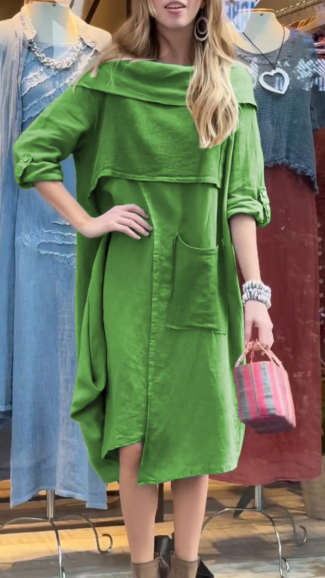 Women's Cotton and Linen Dress with Hem Collar and Mid-length Sleeves dress