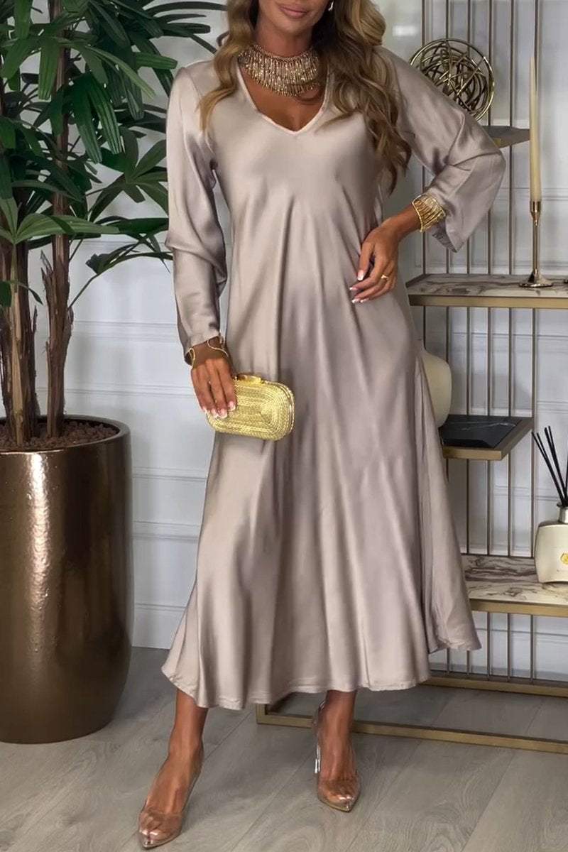 Women's V-neck Long-sleeved Satin Dress Dress Maxi Dress