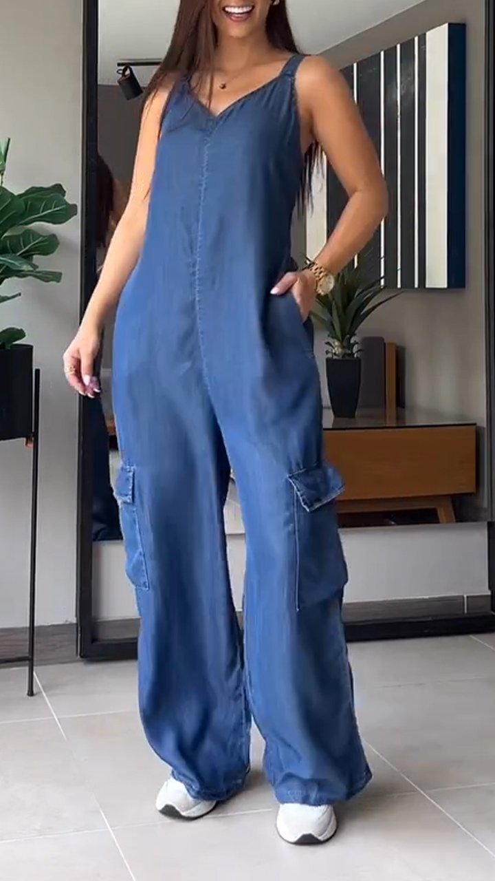 Thin Denim Cargo Pocket V-neck Jumpsuit Jumpsuit pants tops