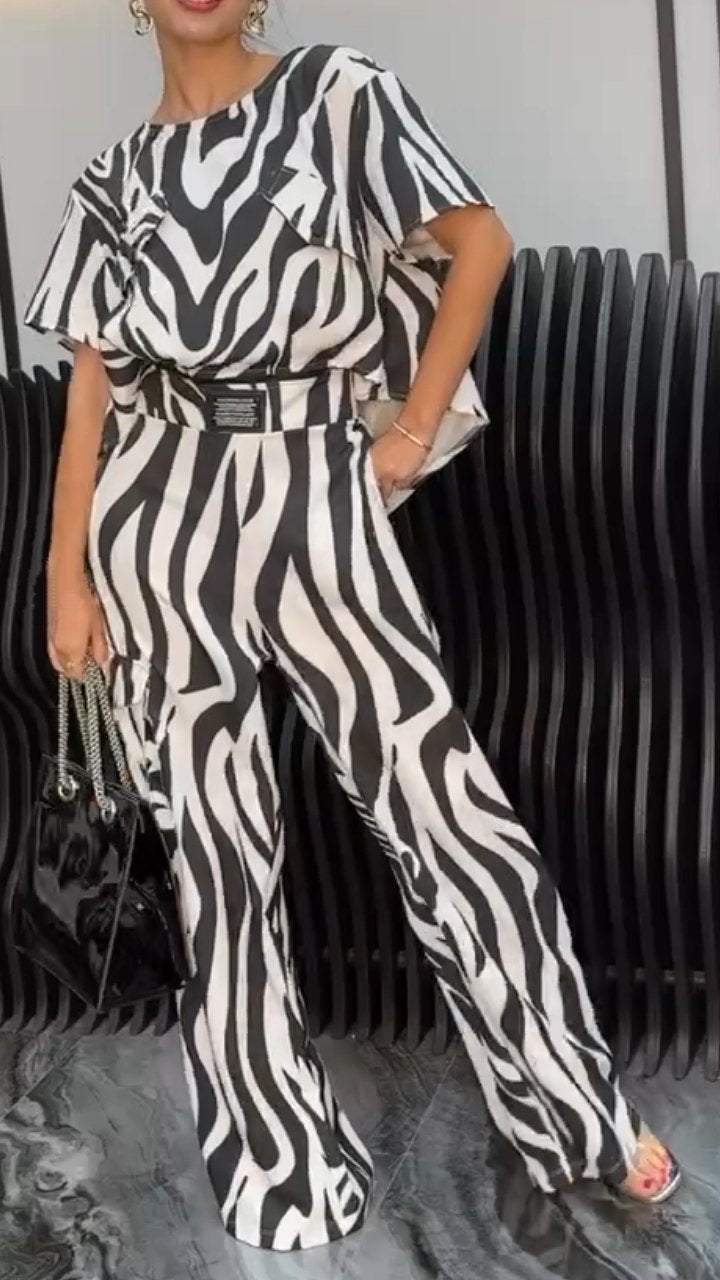 Women's Zebra Print Short Sleeved Crew Neck Suit Suit