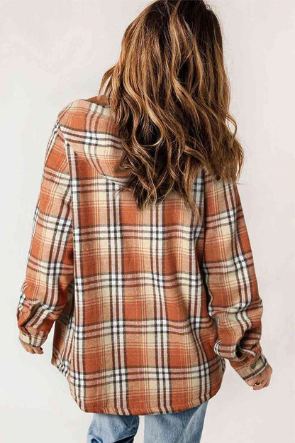 Plaid Pattern Sherpa Lined Hooded Shacket Hooded Tops