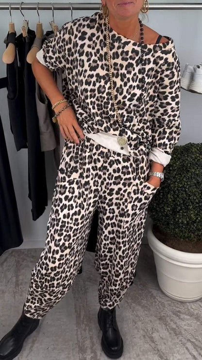 Women's Round Neck Long Sleeve Leopard Print Casual Suit Suit