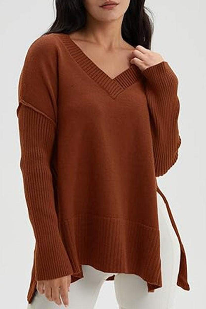 Women's V-neck Slit Knit Blouse Blouse Tops