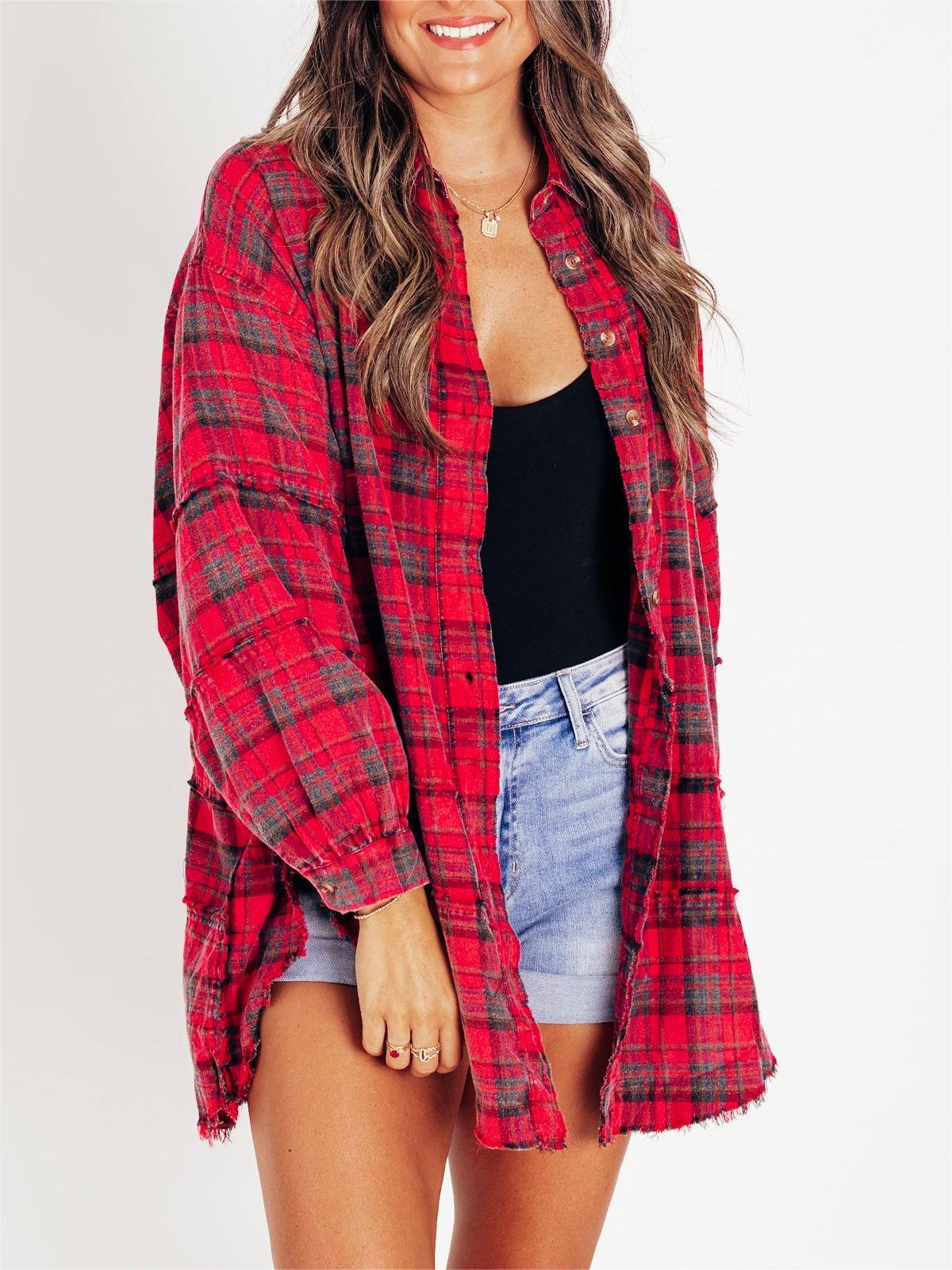 Women's Lapel Long Sleeve Plaid Shirt tops