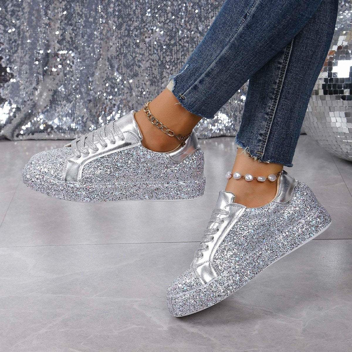 Women's Sequined Flat Round Toe Low-top Sneakers Shoes