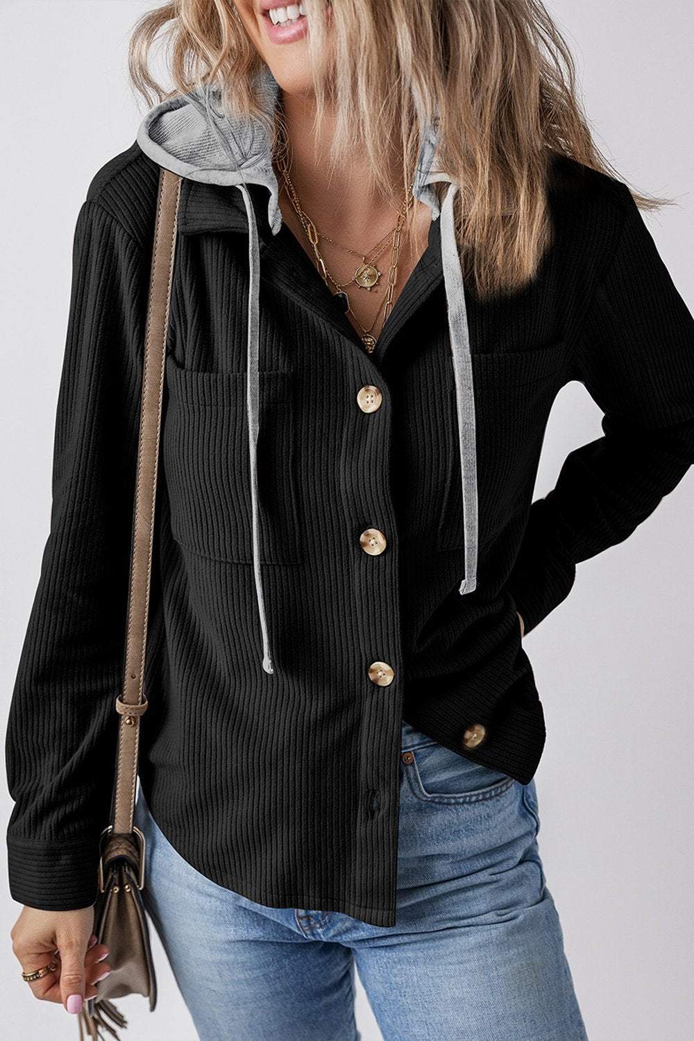 Ladies Lapel Buttoned Cardigan Hooded Drawstring Striped Jacket Coats skirts Top