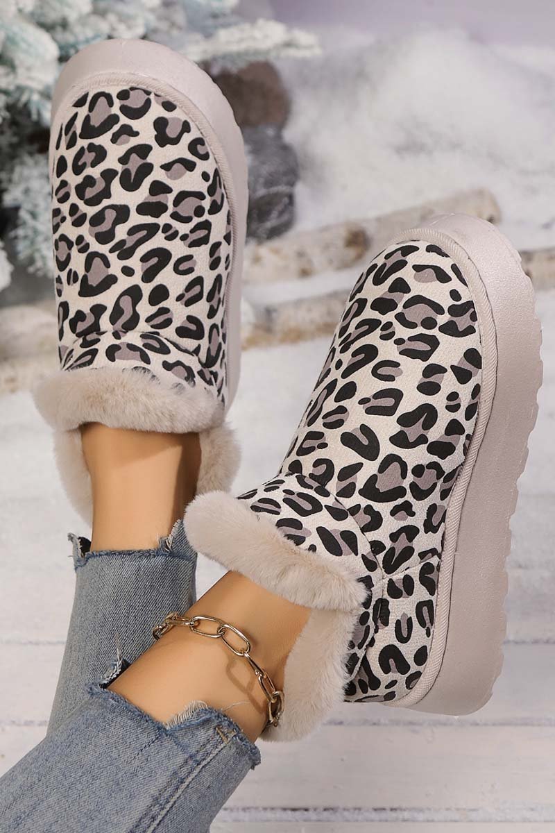 Women's thickened velvet round toe thick sole leopard print snow boots Martin Boots Shoes