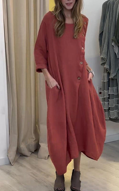 Women's Casual Round Neck Solid Color Cotton and Linen Dress Cotton and Linen Dress