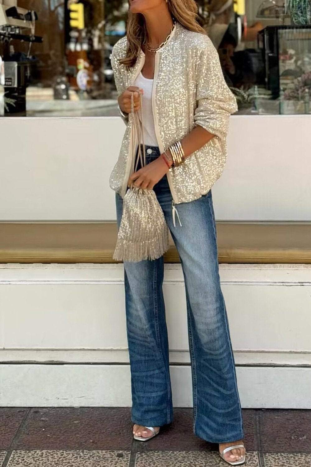 Women's Sequin Fashion Crop Top Blazer Tops