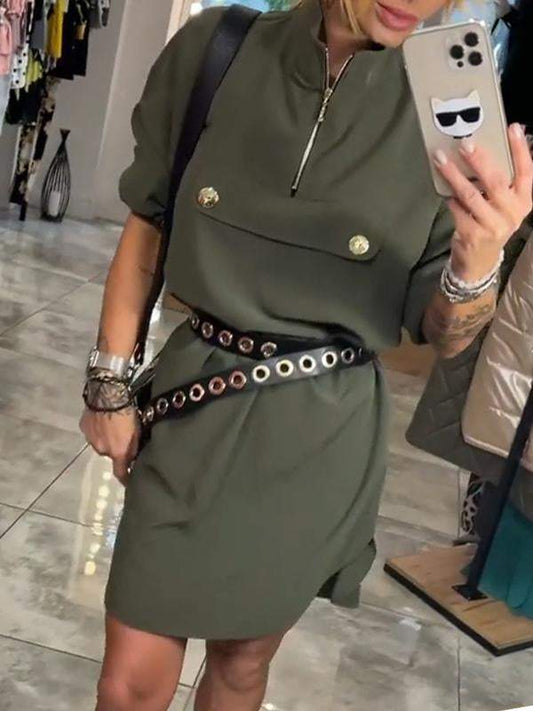 Women's Round Neck Mid-length Sleeve Half-zip Casual Work Dress Dress Mini Dress